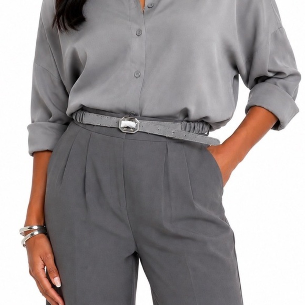 Grey Ruched Elastic Skinny Belt with‎ Crystal Emerald Cut Buckle Silver 47-62